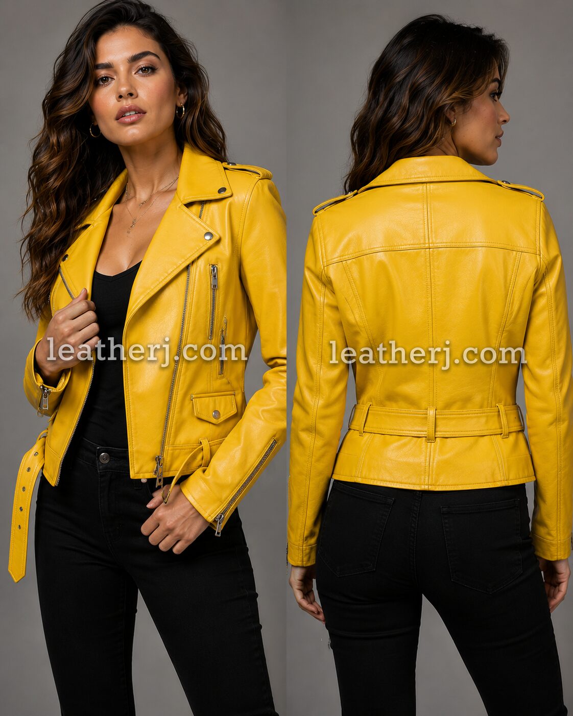 Women’s Yellow Leather Biker Jacket with Belt