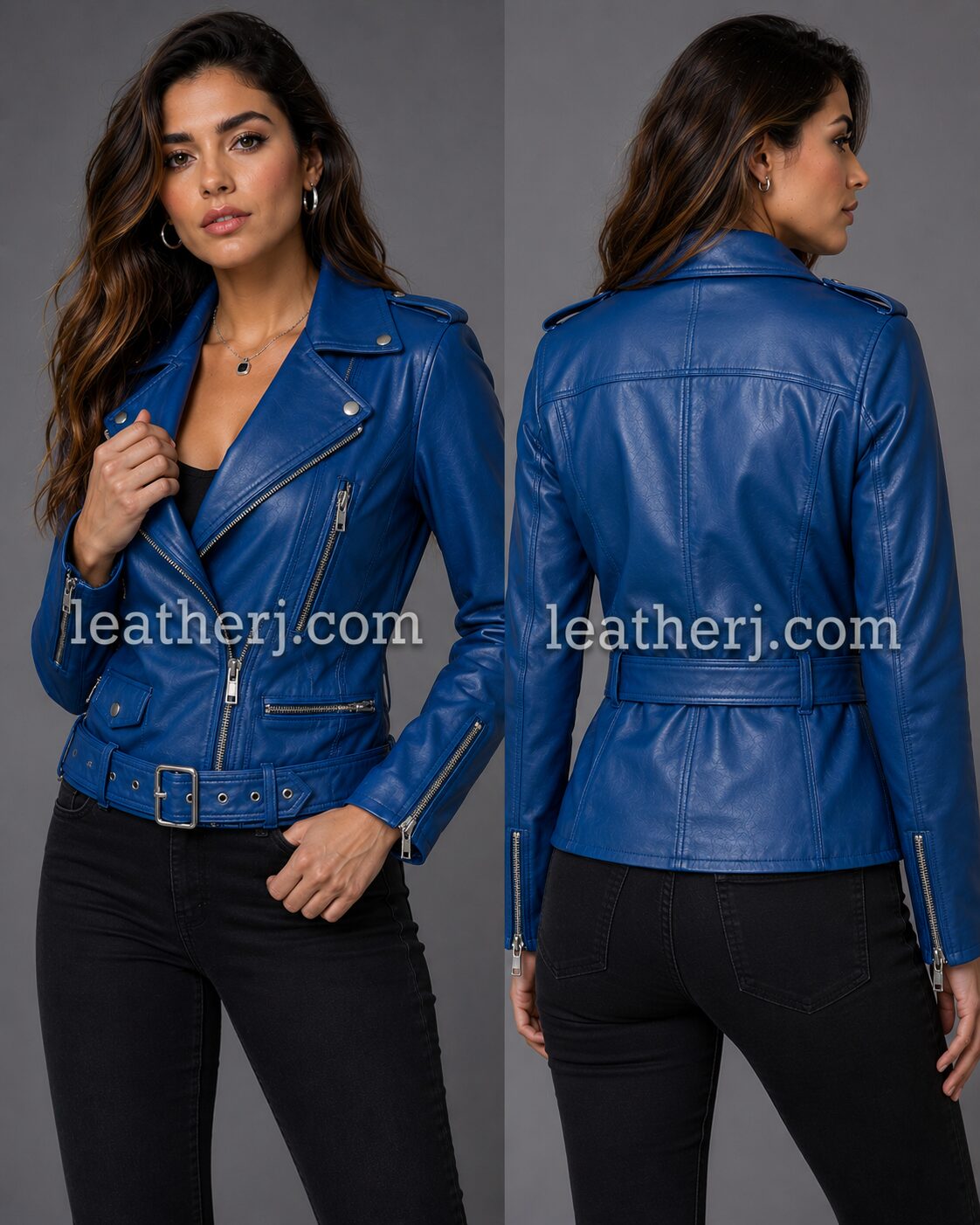 Women’s Blue Leather Biker Jacket with Belt