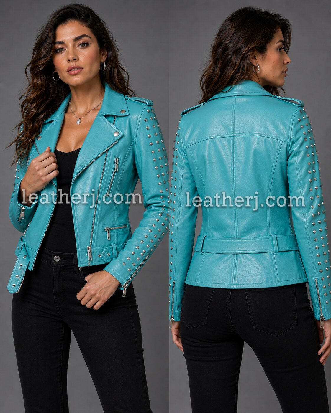 Women’s Turquoise Studded Leather Biker Jacket