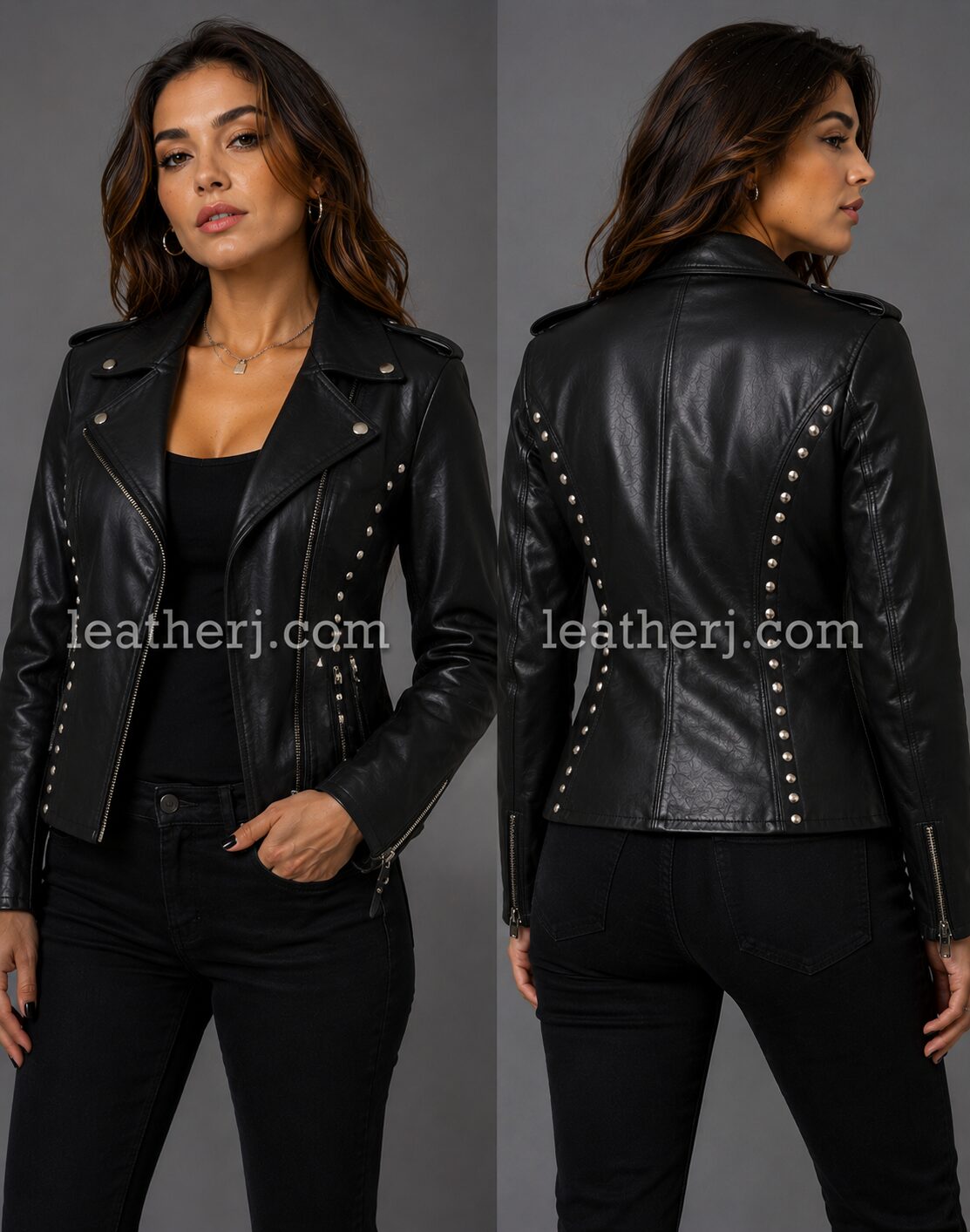 Women’s Black Leather Jacket with Side Stud Detailing
