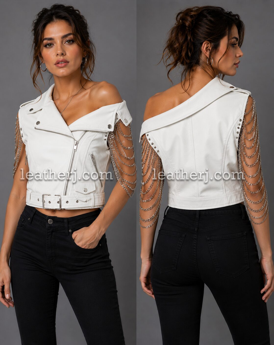 Women’s White Off-Shoulder Leather Crop Jacket with Chain Sleeves