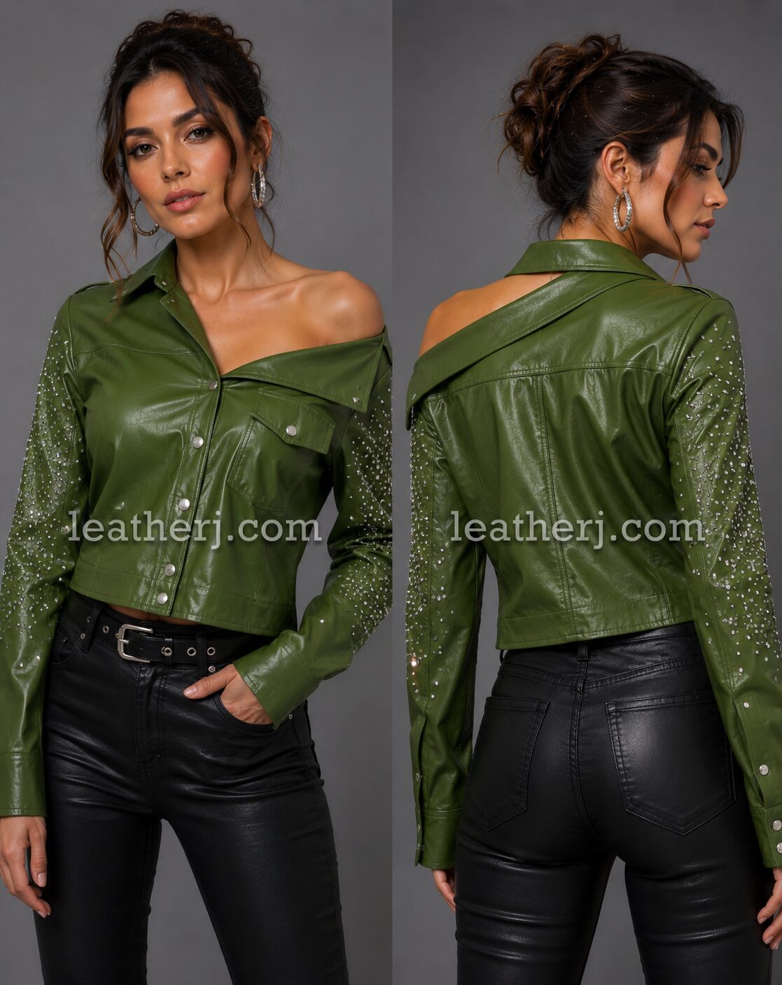 Women’s Green Off-Shoulder Leather Shirt Jacket with Stone Sleeves
