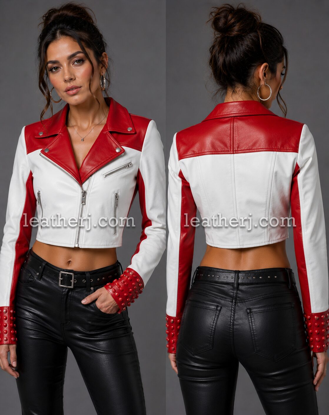 Women’s Red & White Cropped Leather Jacket with Studded Cuffs
