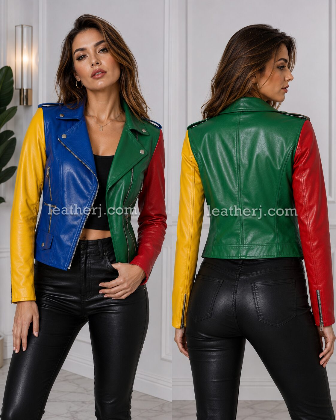Women’s Multicolor Leather Biker Jacket – Blue, Green, Yellow & Red