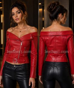 Women’s Red Off-Shoulder Leather Waist-Fit Jacket