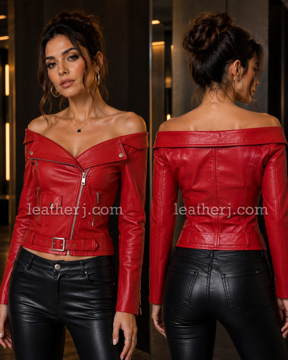 Women’s Red Off-Shoulder Leather Waist-Fit Jacket