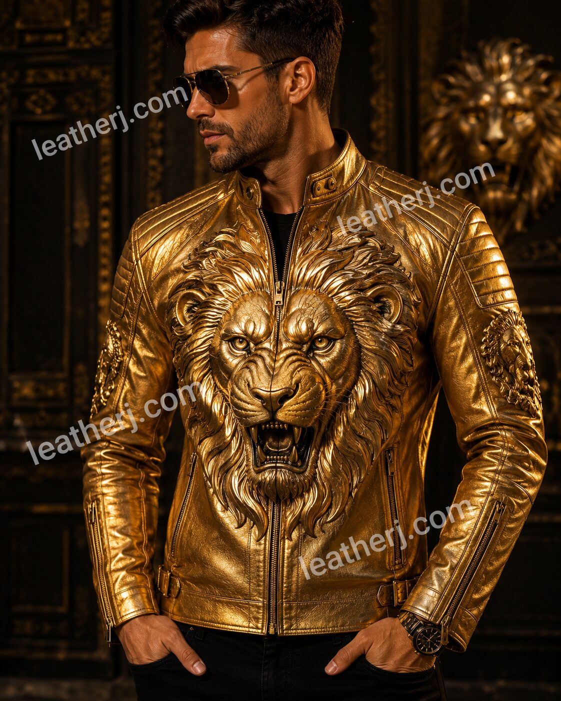 Men's Royal Gold Lion 3D Leather Jacket – Luxury Metallic Statement Biker Jacket