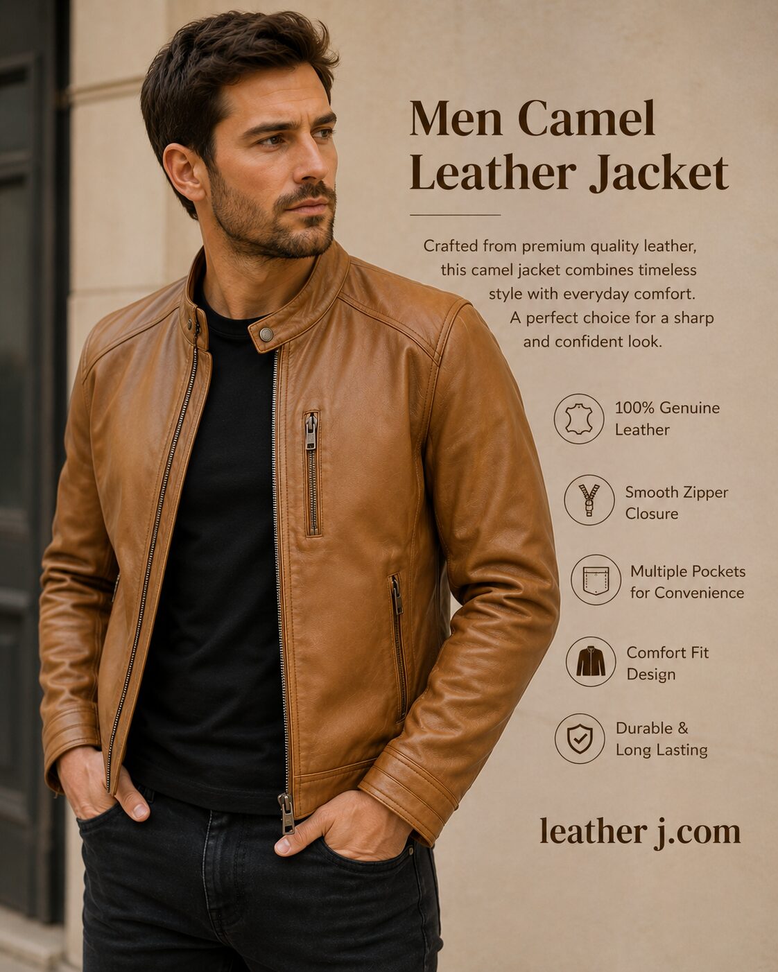Men's Camel Leather Jacket – Classic Moto Stand Collar Jacket