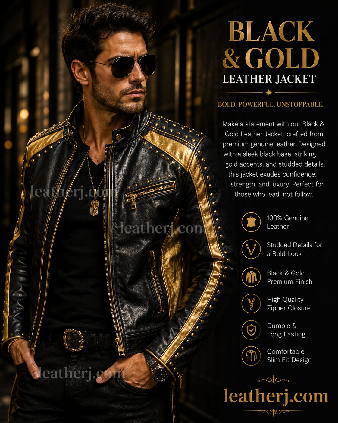 Men's Black & Gold Studded Leather Jacket – Luxury Statement Biker Jacket