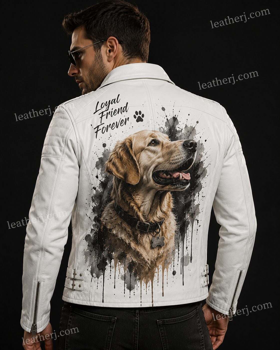 Men's White Leather Jacket with Golden Retriever Loyalty Graphic Print