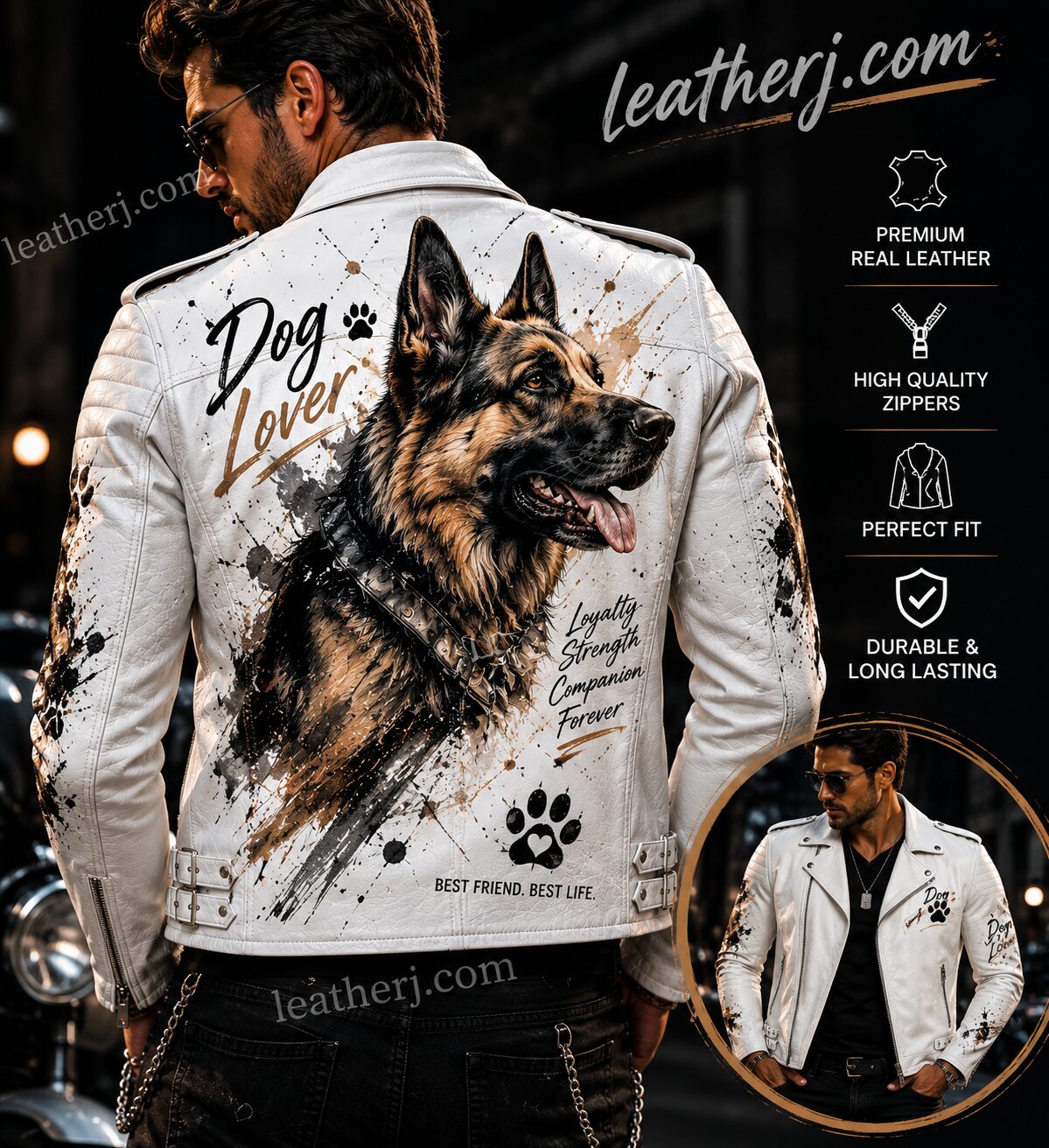 Men's White Leather Dog Lover Jacket with Loyal Companion Graphic Print