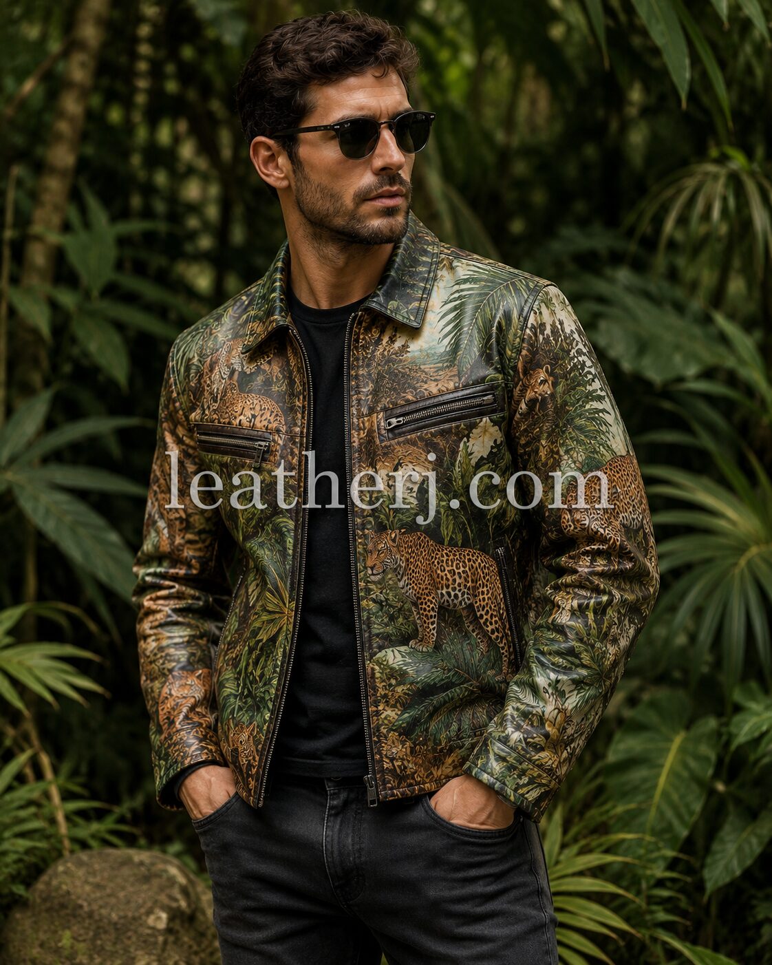 Men's Jungle Print Genuine Leather Jacket