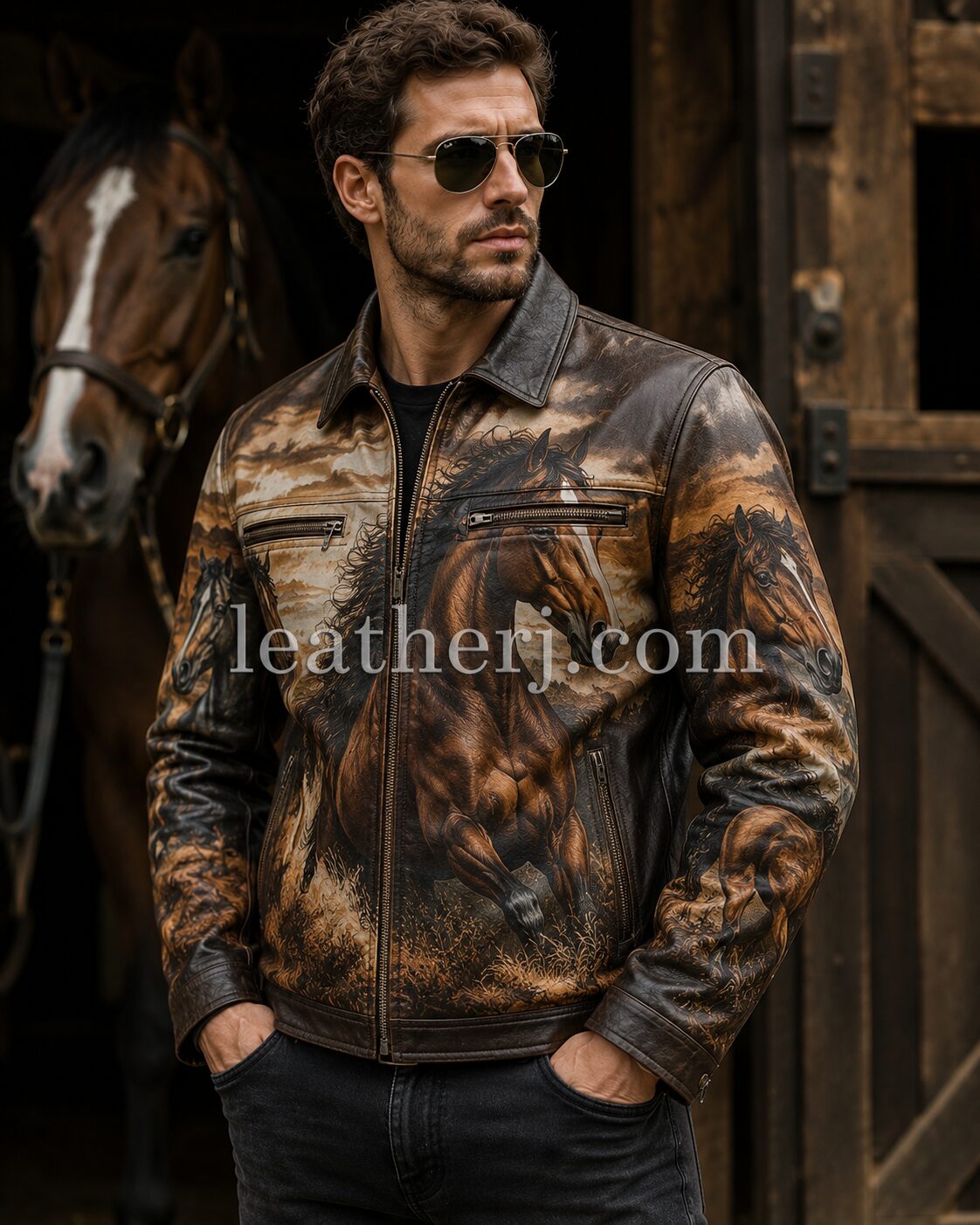 Men's Wild Horse Print Genuine Leather Jacket