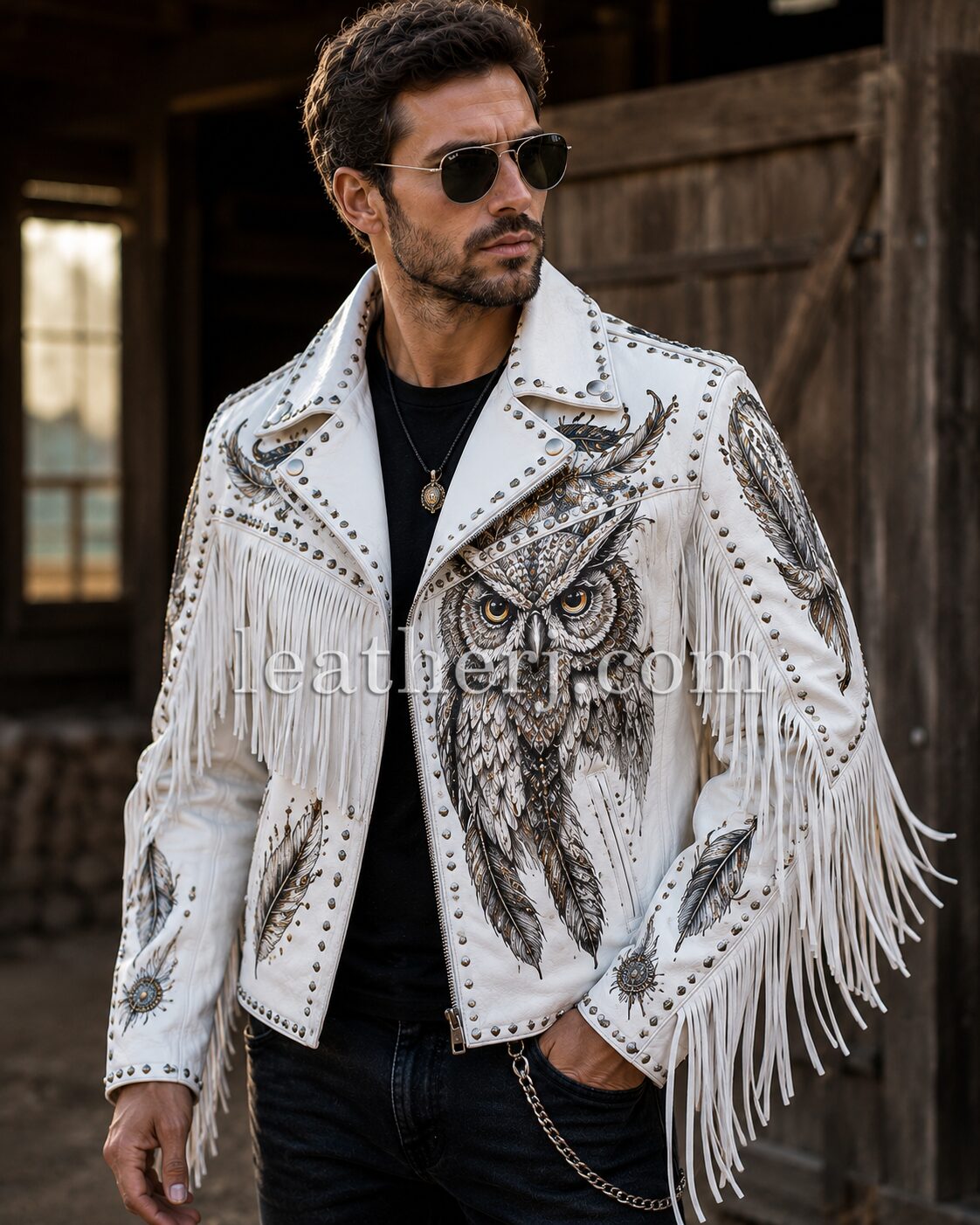 Men's White Owl Print Genuine Leather Fringe Jacket