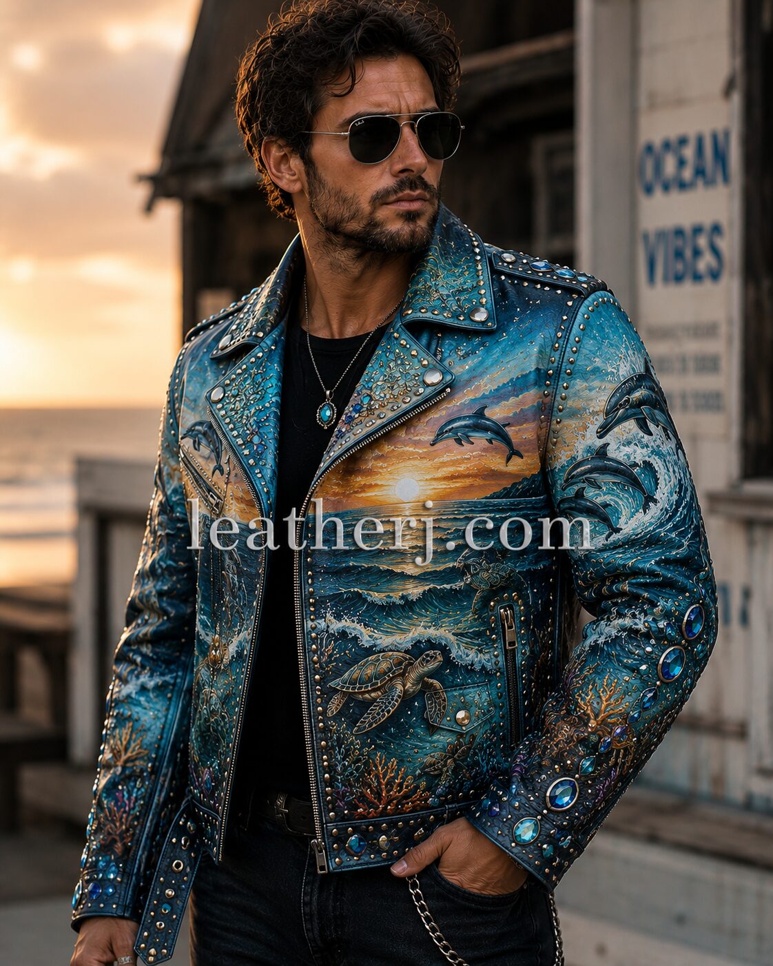 Men's Ocean Print Embellished Genuine Leather Biker Jacket