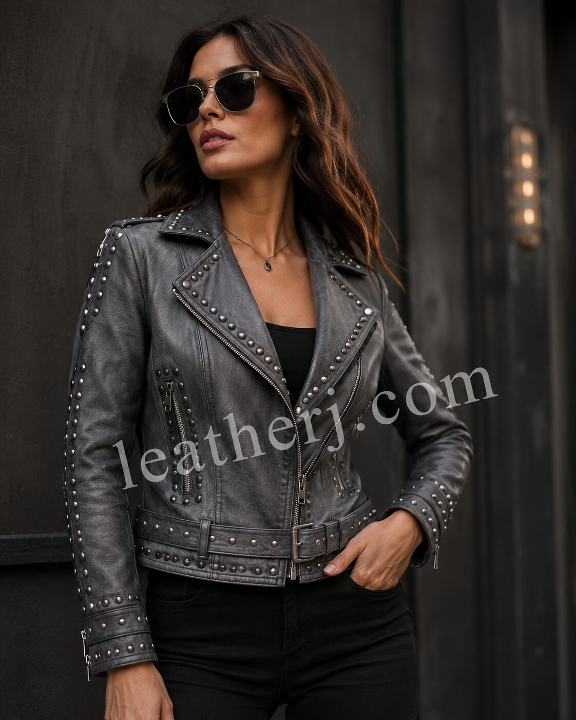 Women's Dark Grey Studded Leather Moto Jacket