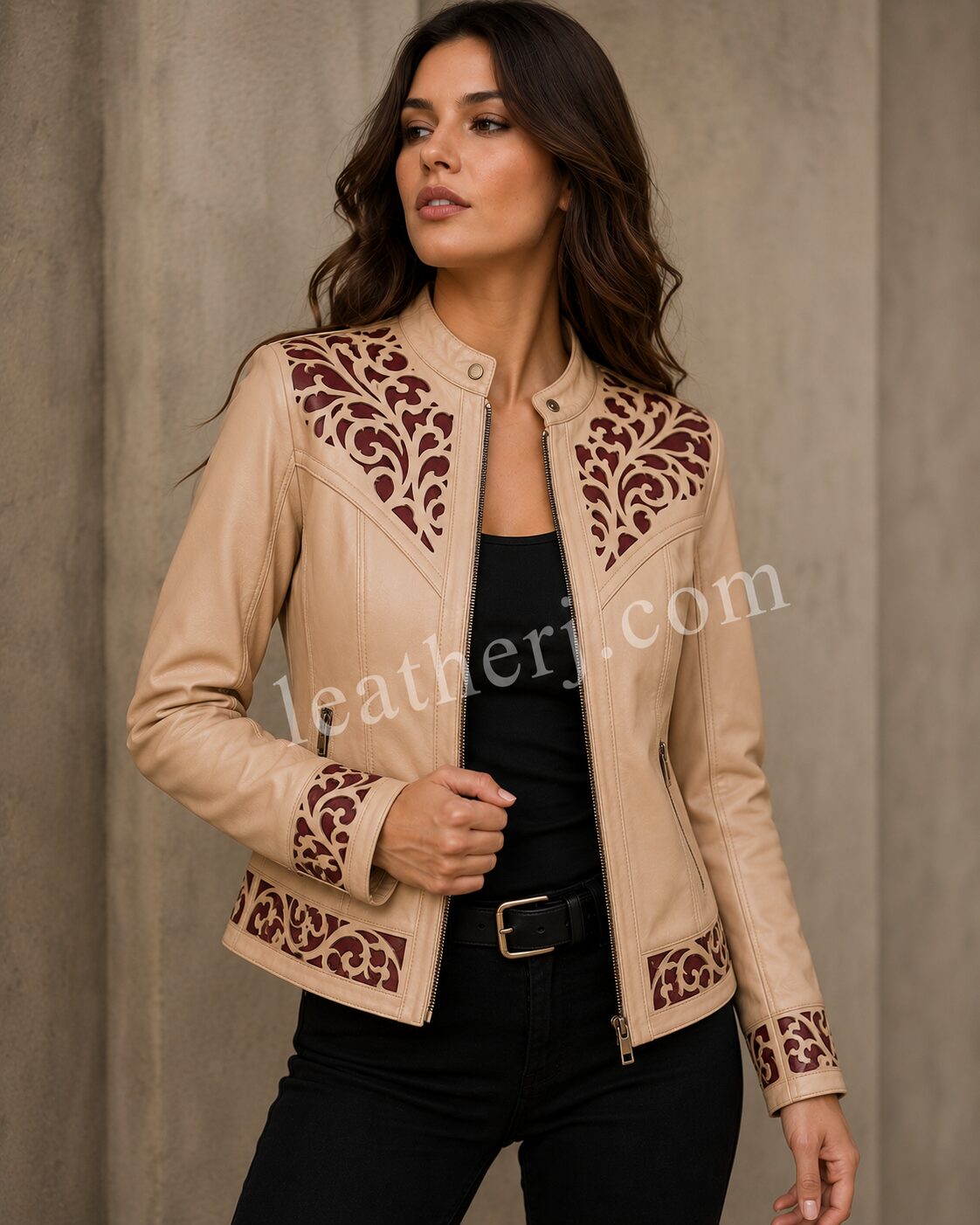 Women's Skin Beige Leather Jacket with Maroon Cutwork Accents