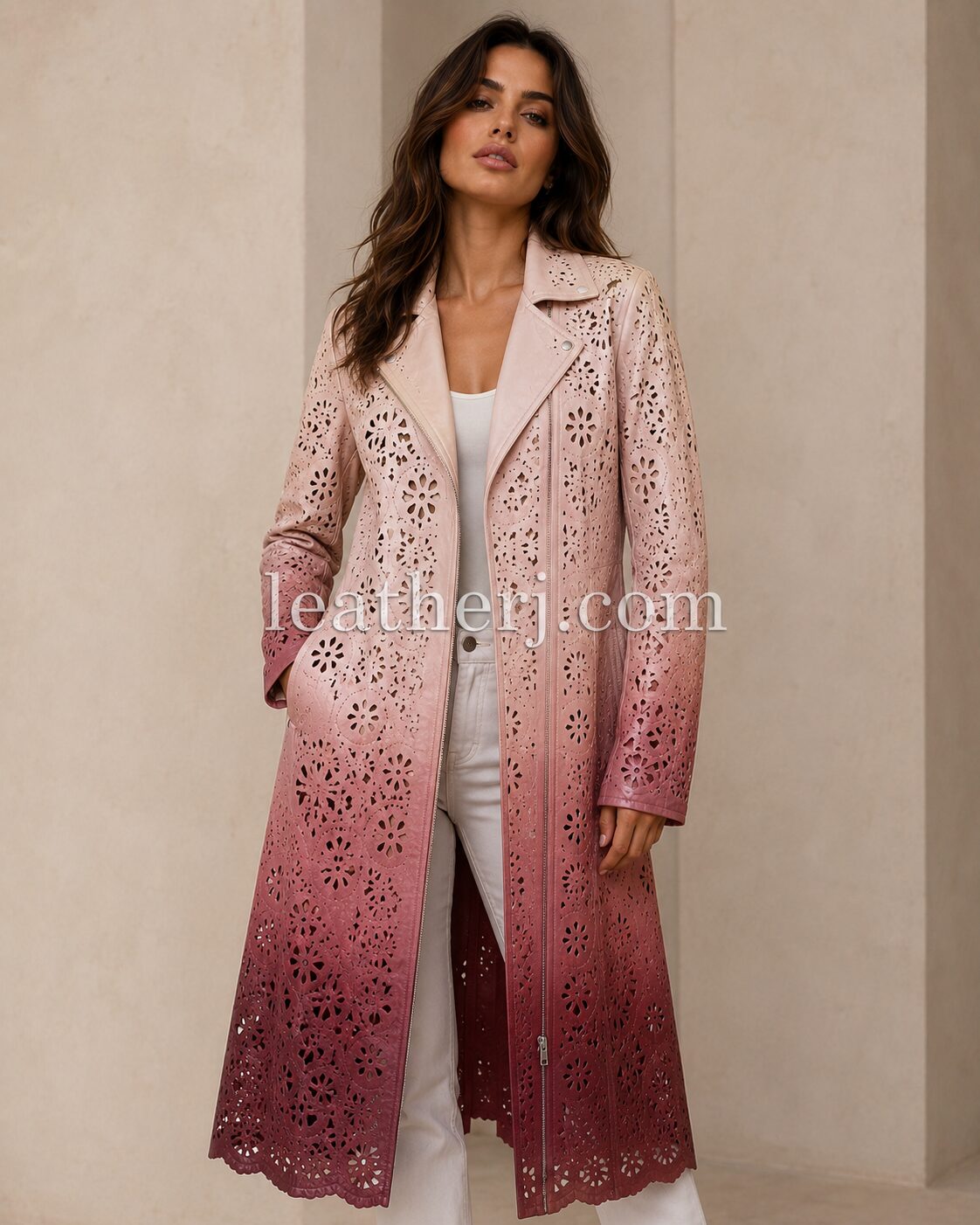 Women's Ombre Full-Length Leather Cutwork Jacket
