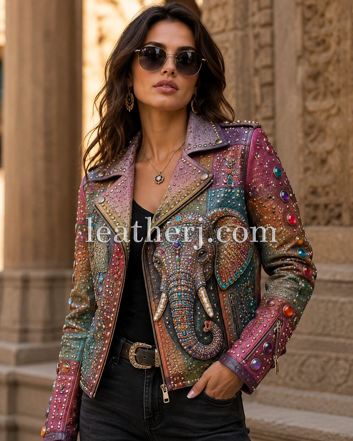 Women's Colorful Elephant Print Embellished Genuine Leather Jacket