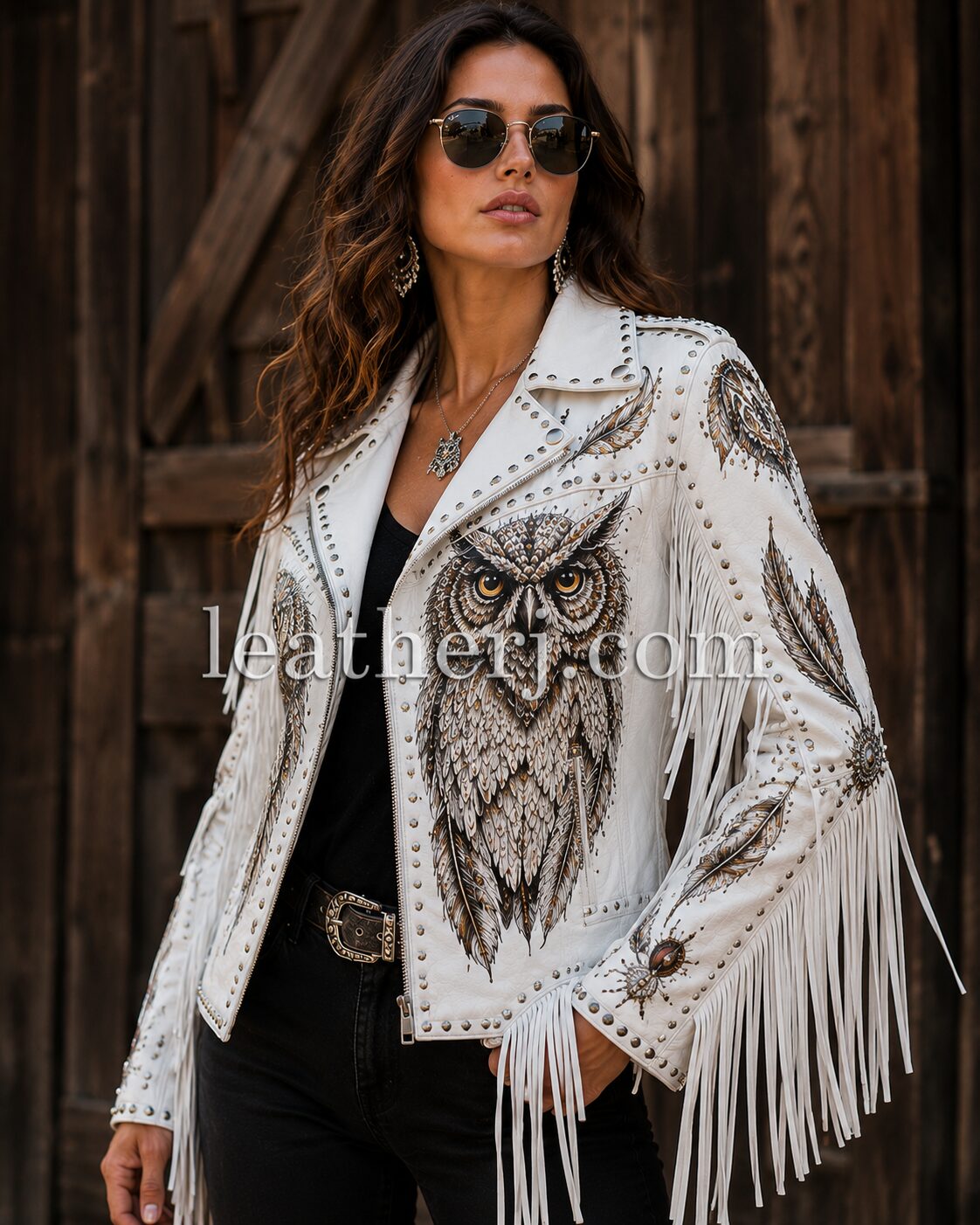 Women's White Genuine Leather Owl Fringe Biker Jacket