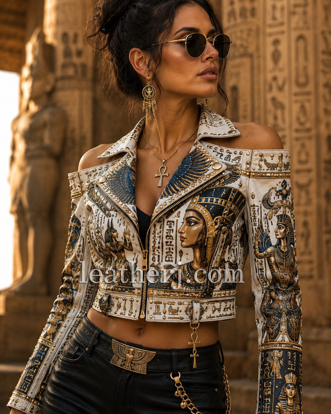 Women's Off-Shoulder Cropped Egyptian Art Genuine Leather Jacket