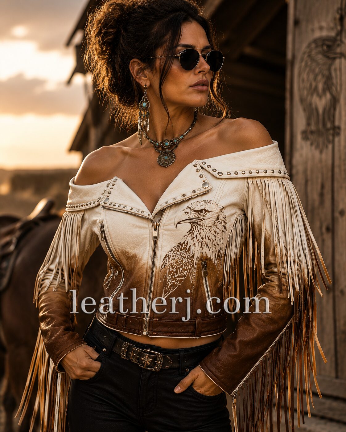 Women's Off-Shoulder Ombre Eagle Print Fringe Genuine Leather Jacket