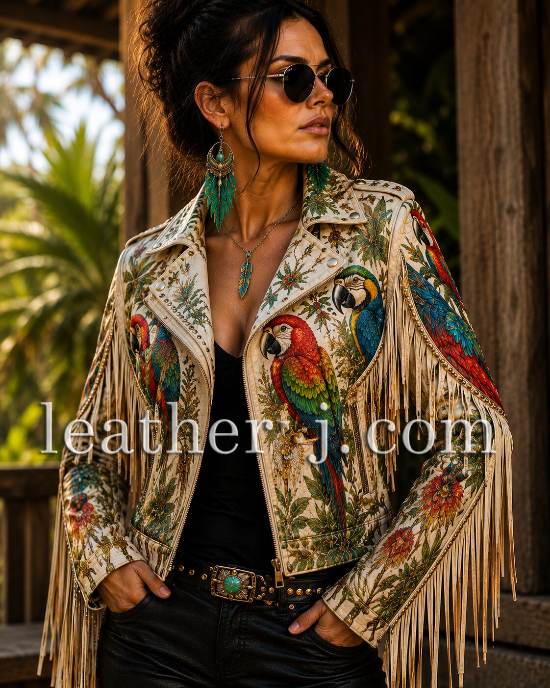 Women's Australian Parrot Print Genuine Leather Fringe Jacket