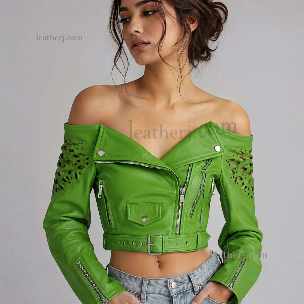 Women's Parrot Green Cropped Off-Shoulder Leather Jacket with Cutwork Shoulders
