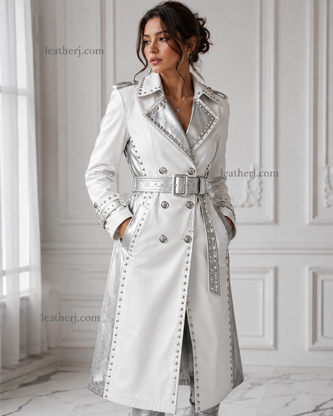 Women's White & Silver Studded Leather Trench Coat – Luxury Double-Breasted Long Coat