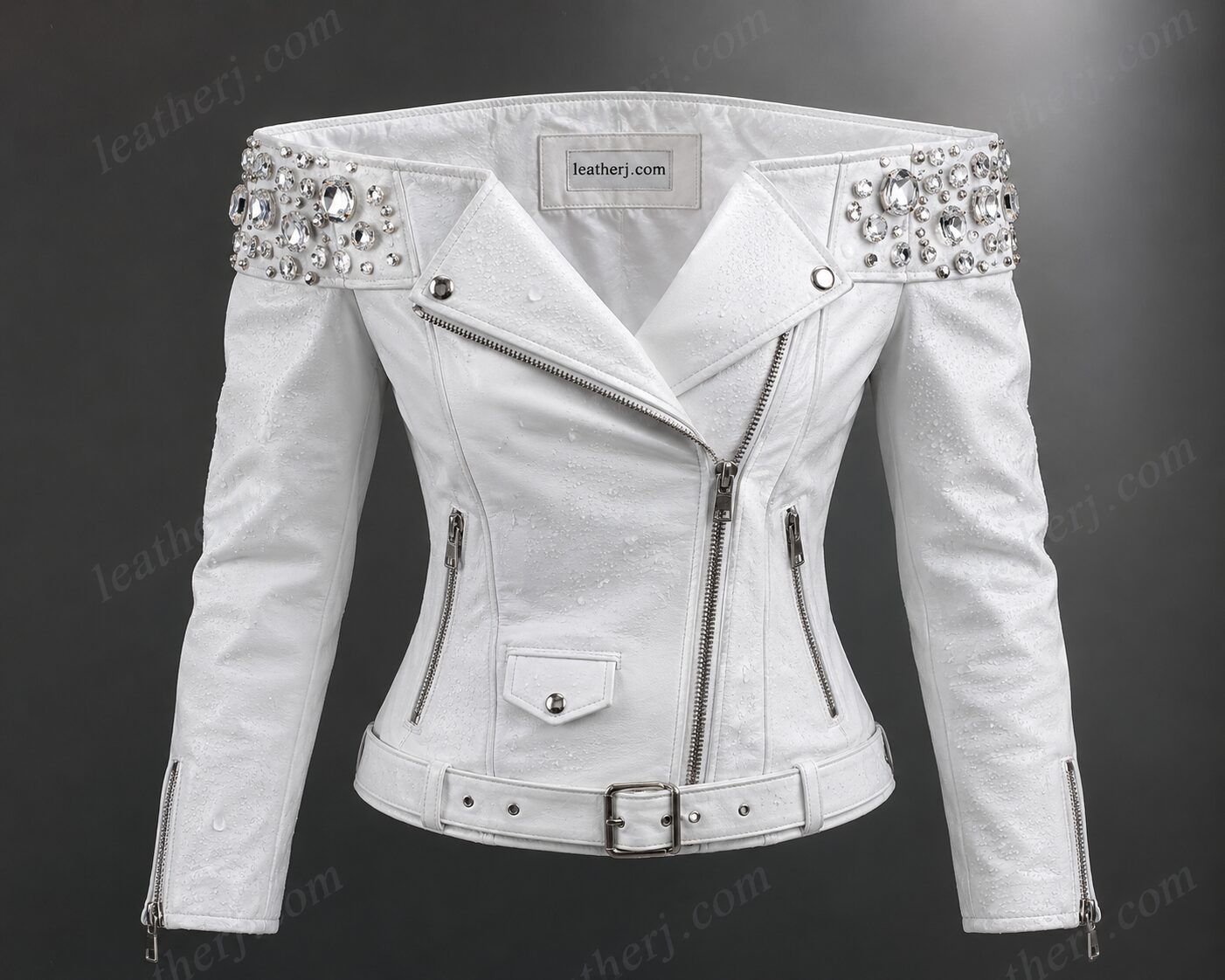 Women's White Off-Shoulder Leather Biker Jacket with Crystal Stone Embellished Shoulders