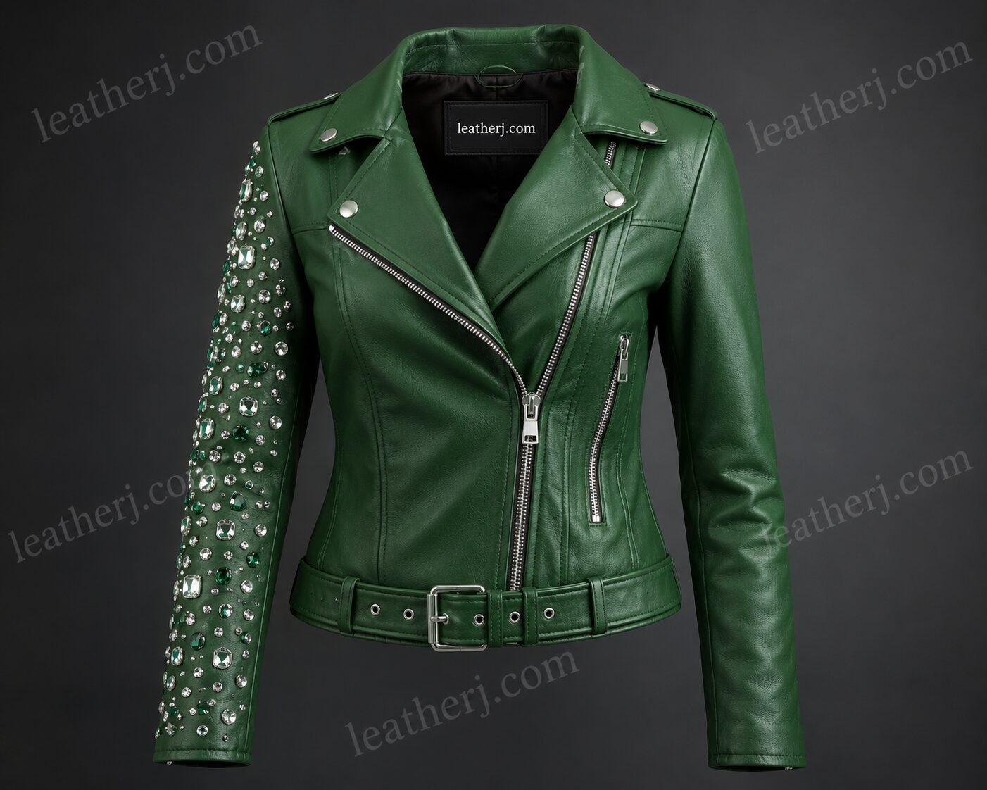 Women's Emerald Green Leather Biker Jacket with Crystal Stone Embellished Sleeve