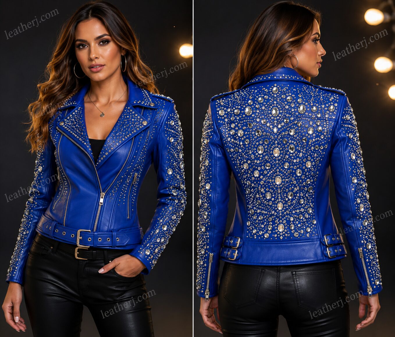 Women's Royal Blue Leather Jacket with Full Crystal Stone Embellished Back