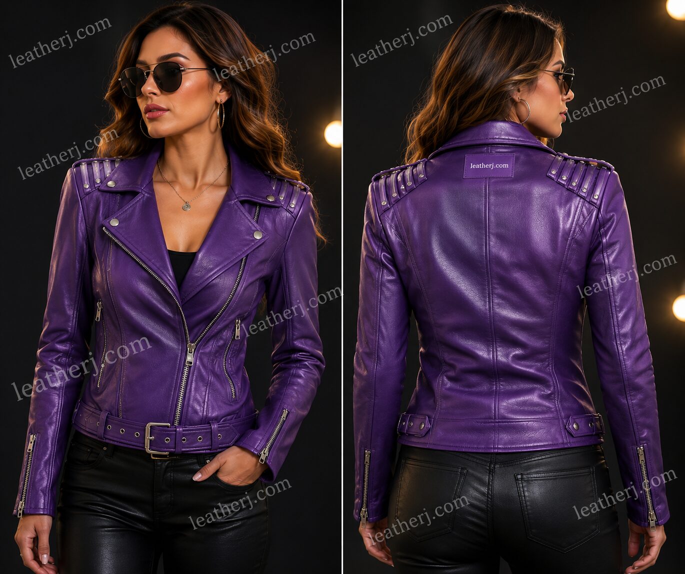 Women's Purple Leather Biker Jacket with Shoulder Stripe Detailing