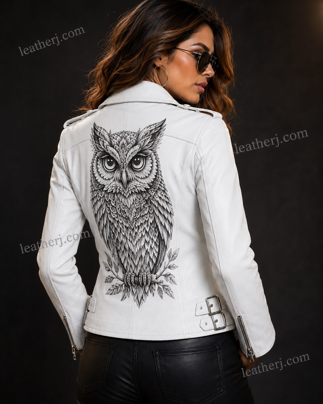 Women's White Leather Biker Jacket with Majestic Owl Back Print