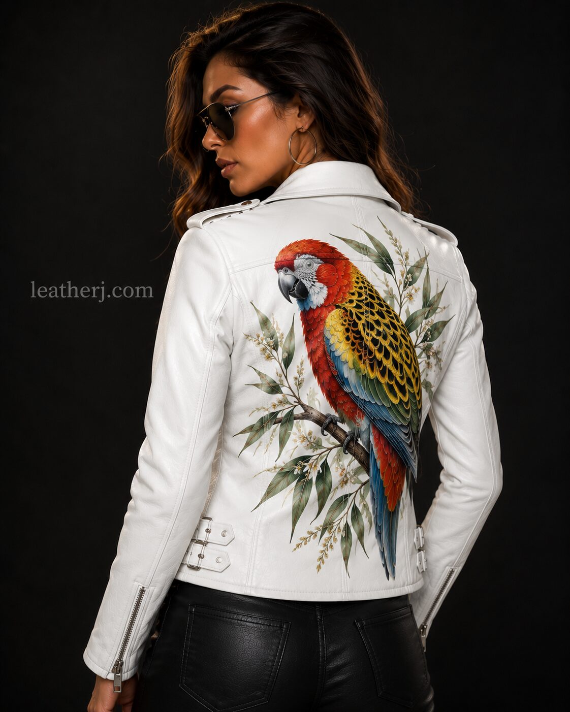 Women's White Leather Jacket with Vibrant Australian Parrot Back Print