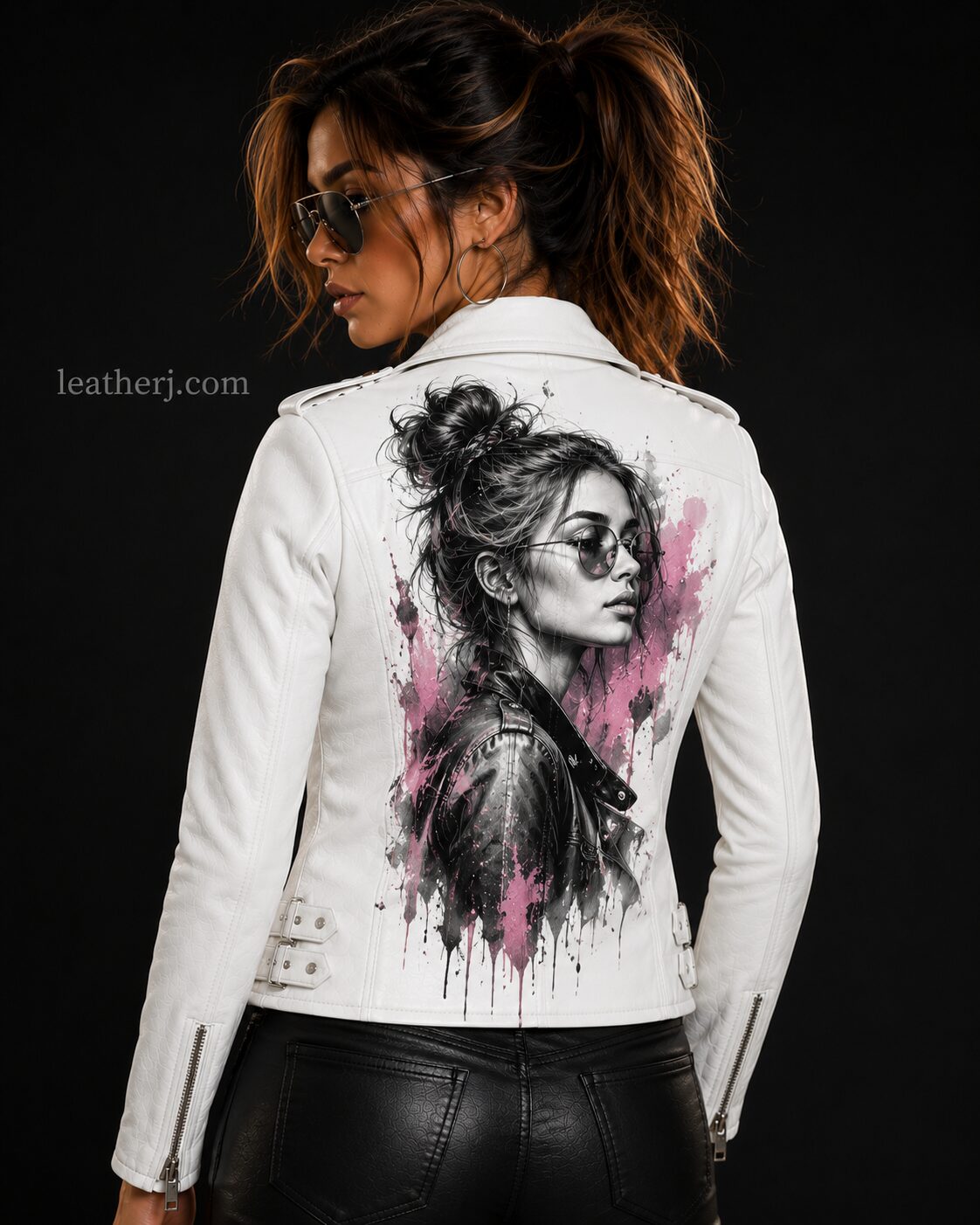 Women's White Leather Jacket with Fashion Girl Graphic Back Print