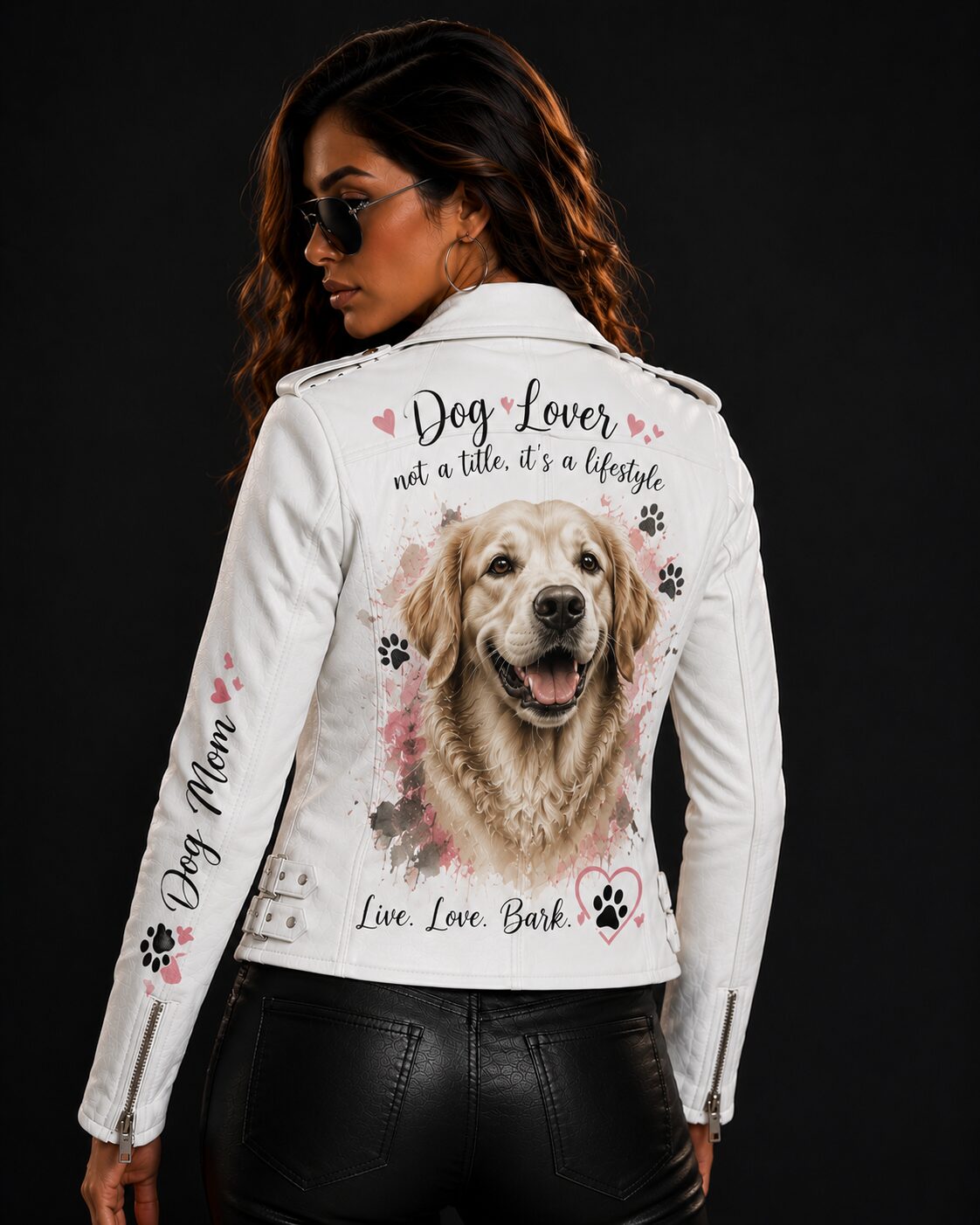 Women's White Leather Dog Lover Jacket with Golden Retriever Art Print