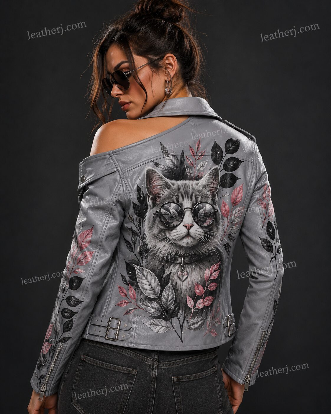 Women's Grey Off-Shoulder Leather Jacket with Fashion Cat & Botanical Leaf Print