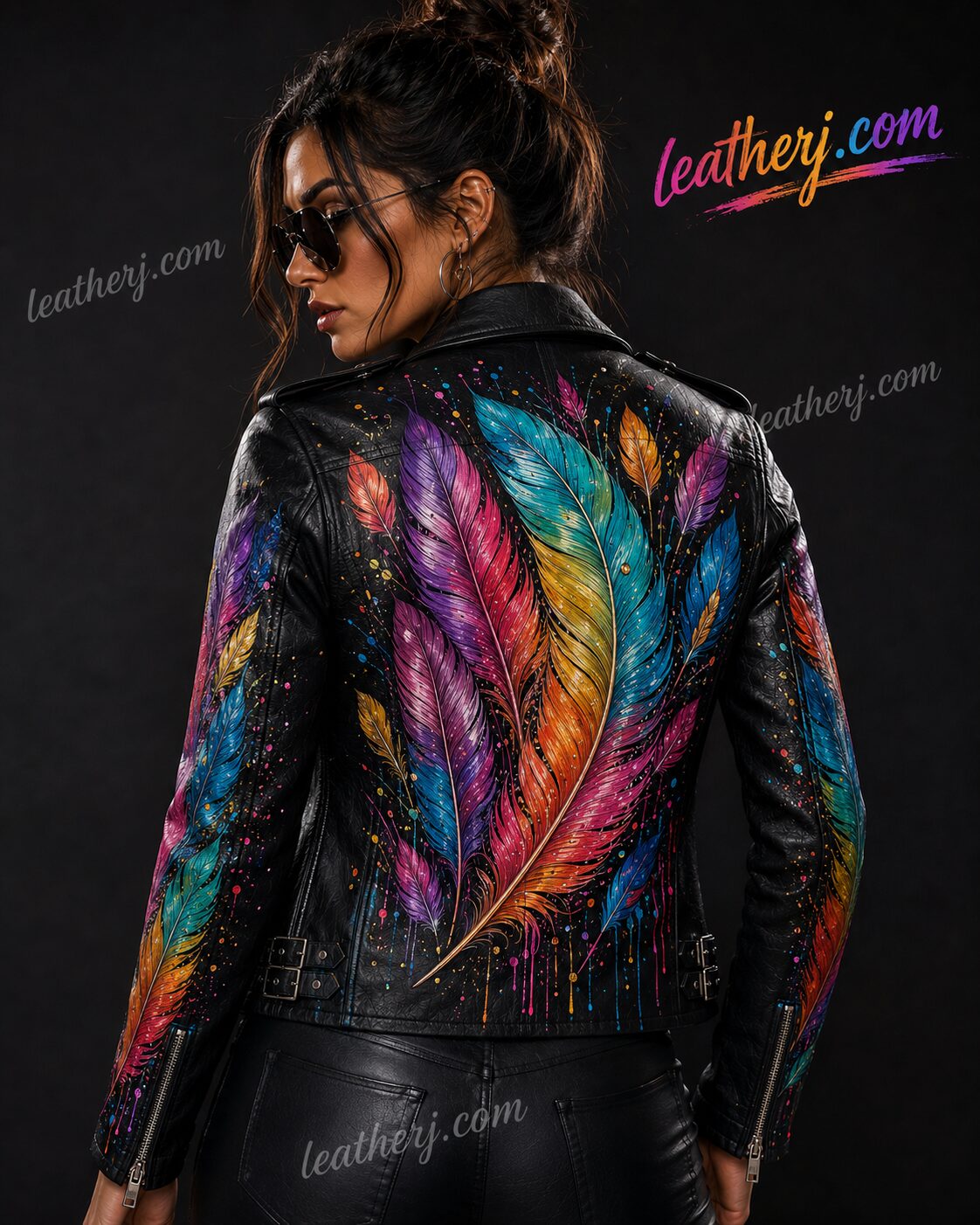 Women's Black Leather Jacket with Vibrant Colorful Feather Art Print