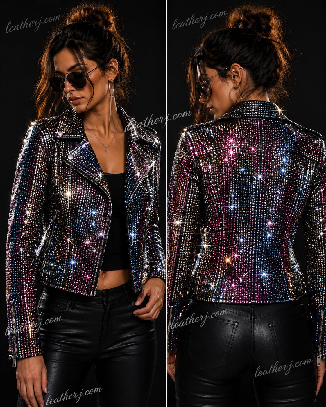 Women's Black Disco Glam Leather Jacket with Full Crystal Sparkle Design