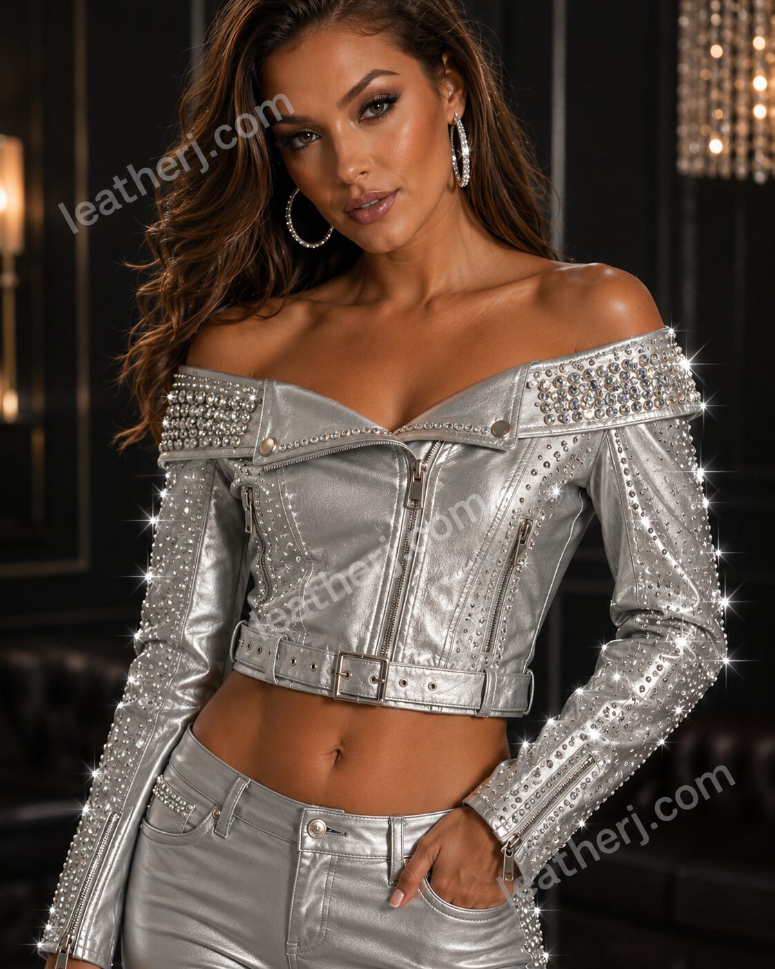 Women's Silver Crystal-Studded Off-Shoulder Leather Crop Jacket – Luxury Bling Biker Jacket