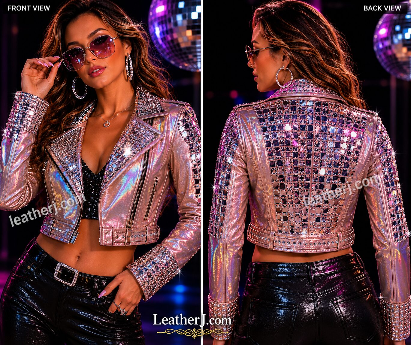 Women's Disco Glam Mirror-Studded Leather Crop Jacket – Luxury Party & Nightlife Statement Jacket