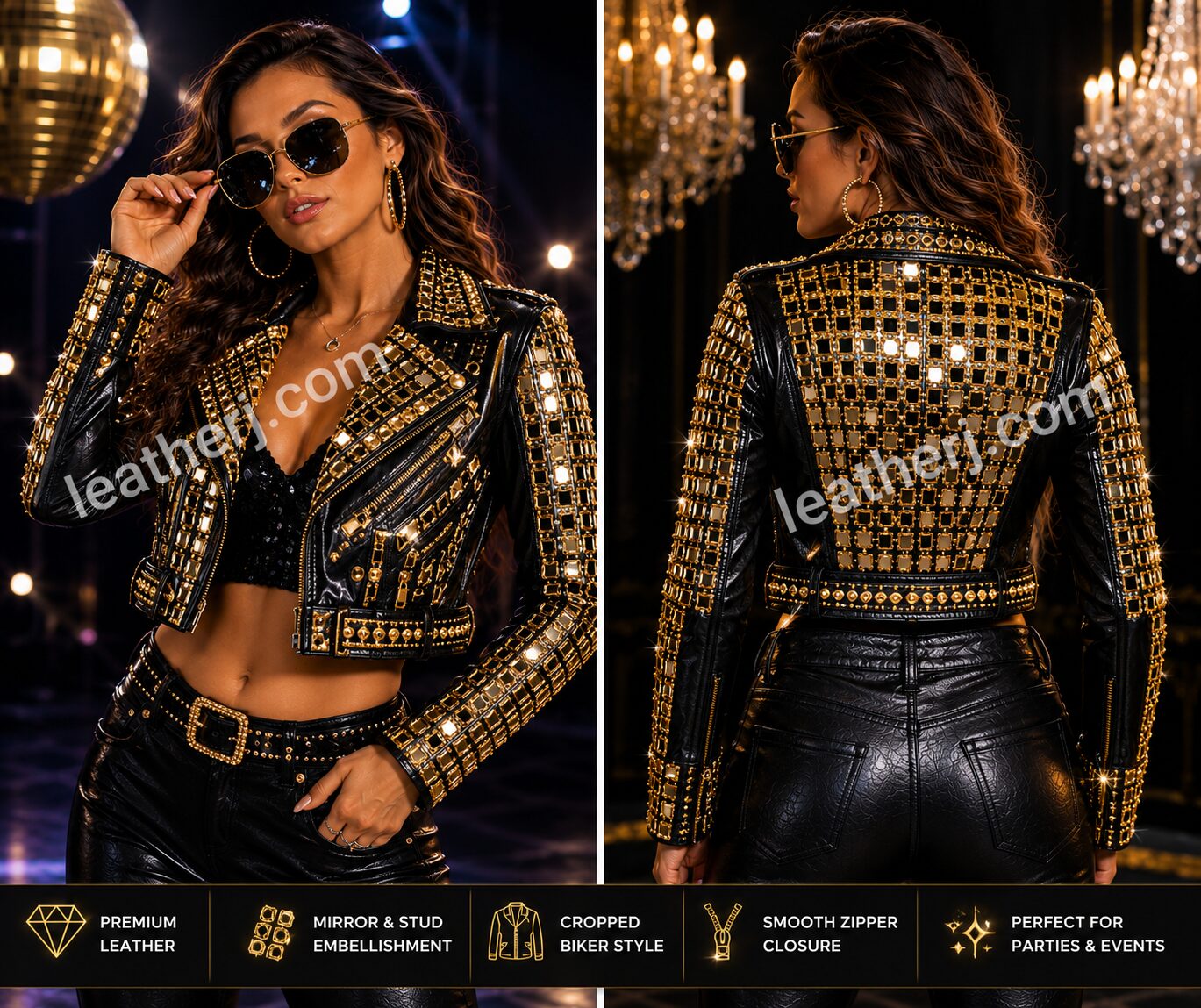 Women's Black & Gold Disco Mirror Leather Crop Jacket – Luxury Crystal-Studded Biker Jacket