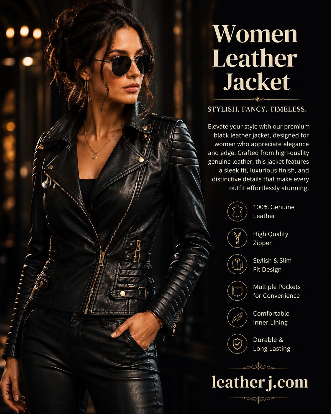 Women's Luxe Black Leather Moto Jacket – Premium Slim Fit Fashion Jacket
