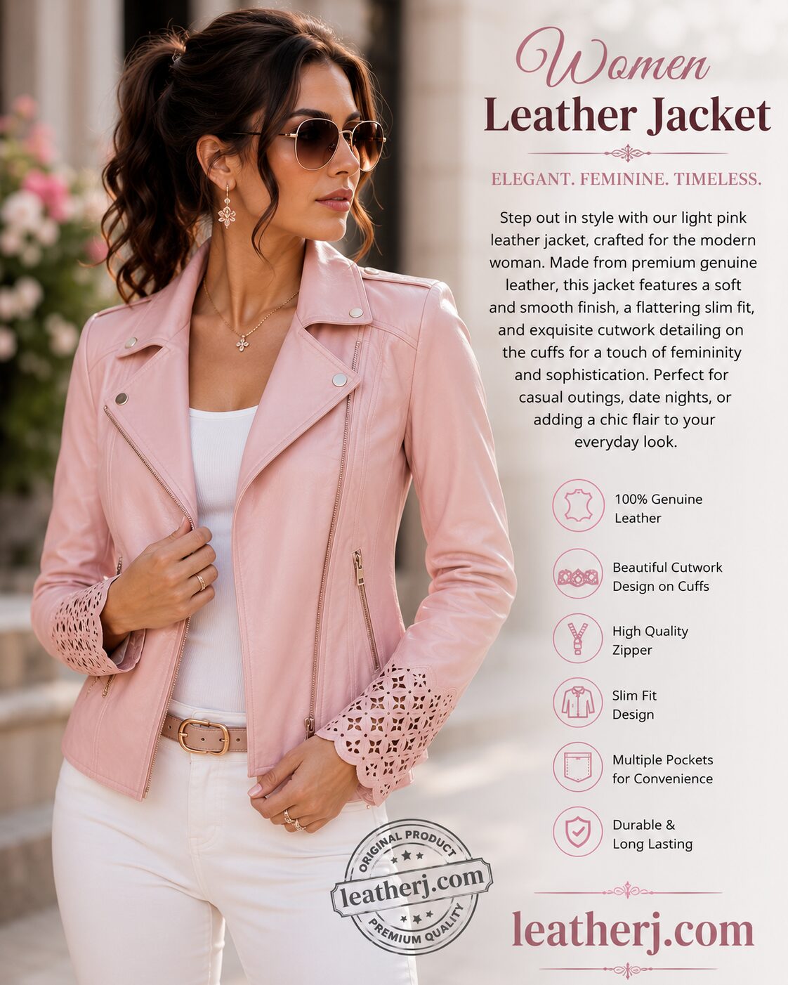 Women's Blush Pink Leather Jacket with Cutwork Cuffs – Elegant Moto Style Jacket