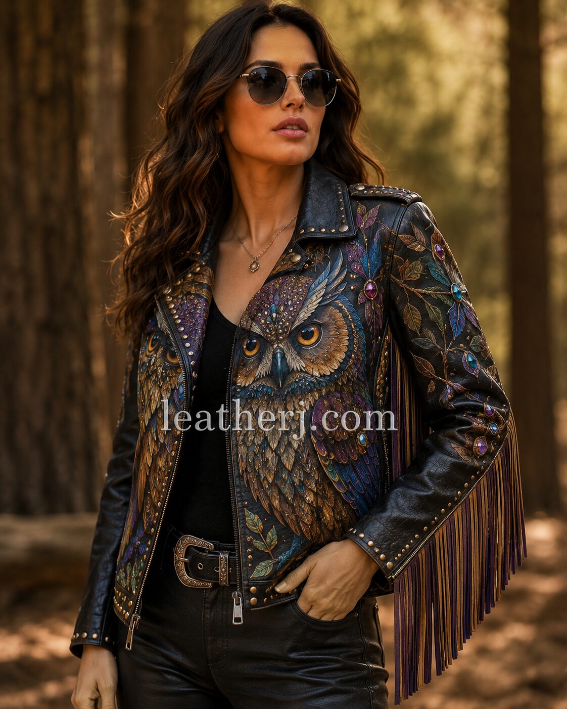 Women's Owl Print Genuine Leather Jacket with Fringe Sleeves