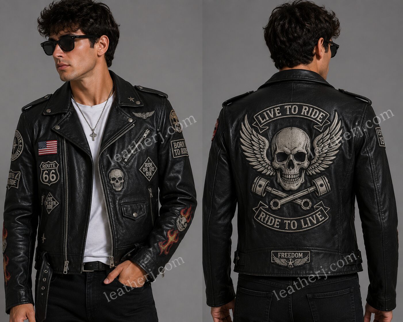 Men's Black Biker Leather Jacket with Motorcycle Patches – Classic Moto Riding Jacket