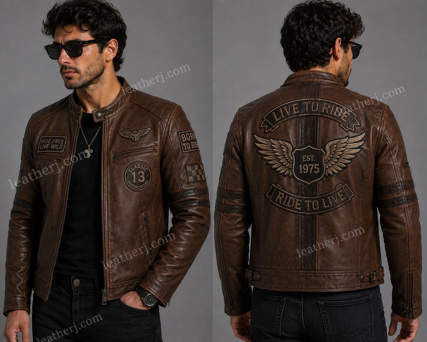 Men's Coffee Brown Café Racer Leather Jacket with Vintage Biker Patches