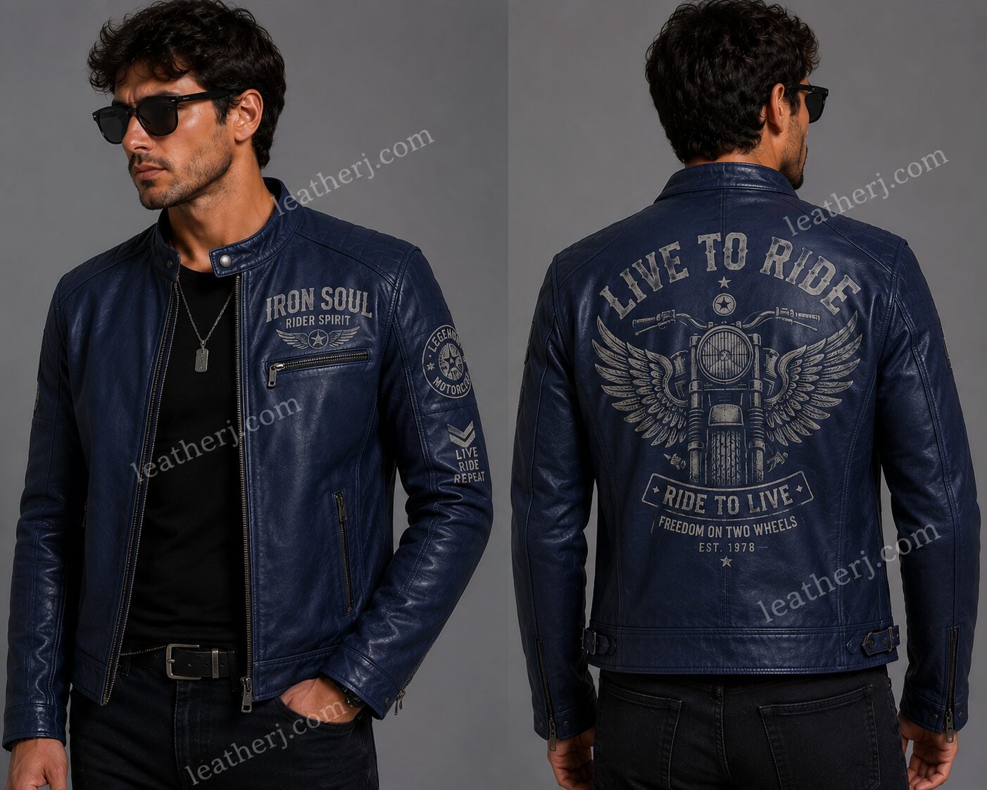 Men's Navy Blue Leather Café Racer Jacket with Vintage Motorcycle Print