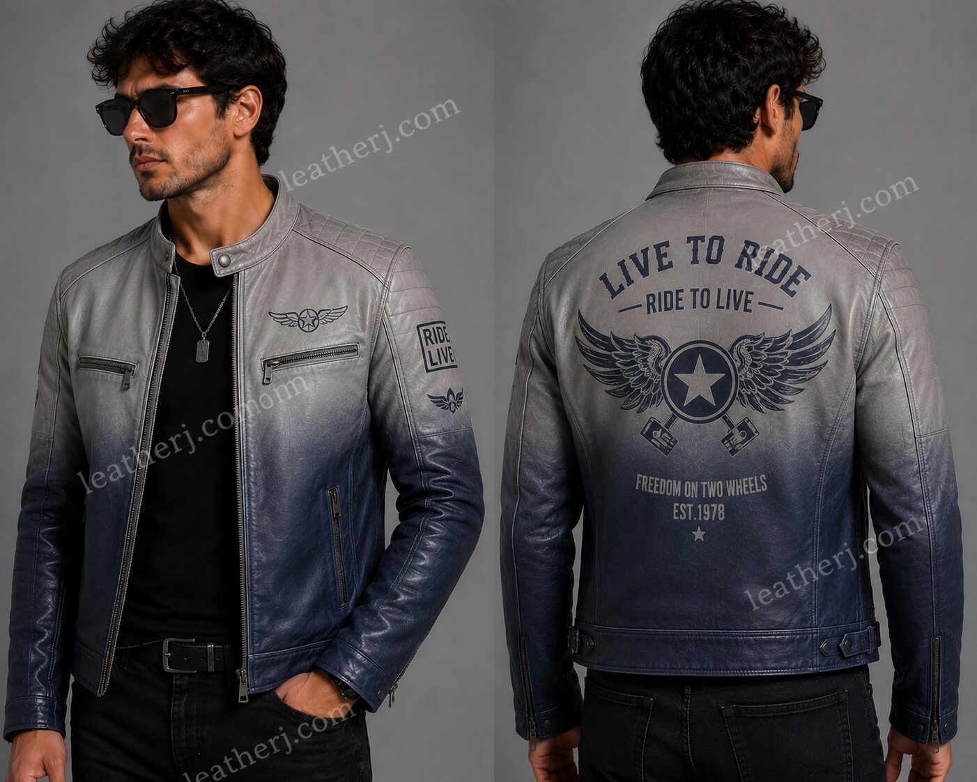 Men's Ombre Dove & Navy Blue Leather Café Racer Jacket